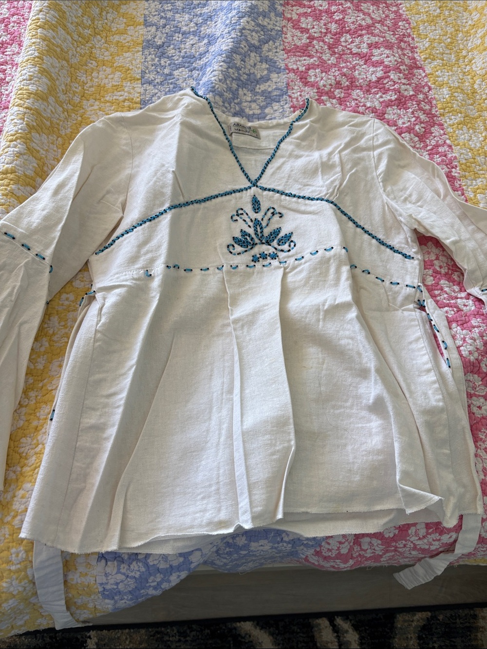 White Boho Embroidered Peasant Top with Teal Accents